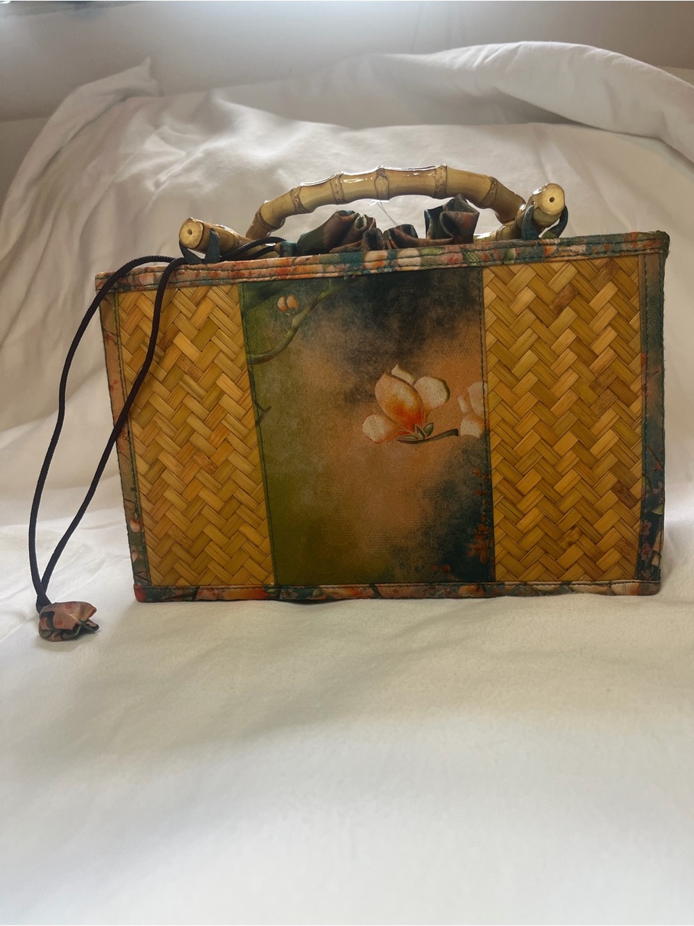 Handcrafted Bamboo-Handled Floral Woven Tote in Tan and Green